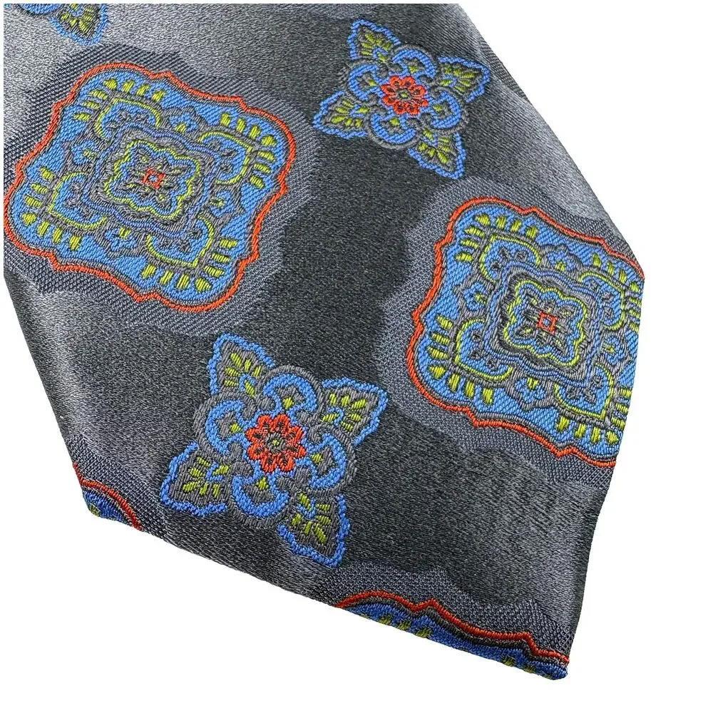 Santorelli Silk Tie Long Gray Blue Orange Green Medallion Made Italy 61
